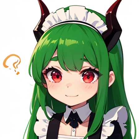 (best quality, vivid colors, anime:1.1), 1girl, chibi, red eyes,horns, red horns, light green hair, confused with a question mark, long hair, maid costume,maid headdress, gentle sunlight, cheerful expression, emote for twitch, white background, sticker