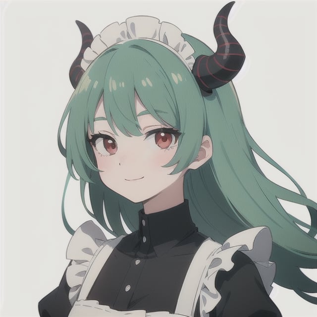 (best quality, vivid colors, anime:1.1), 1girl, red eyes, horns, red horns, light green hair, long hair, maid costume, maid headdress, gentle sunlight, cheerful expression, white background, face only, face focus, staring at viewer,profile picture, brightful colors, pov_eye_contact , in front of camera