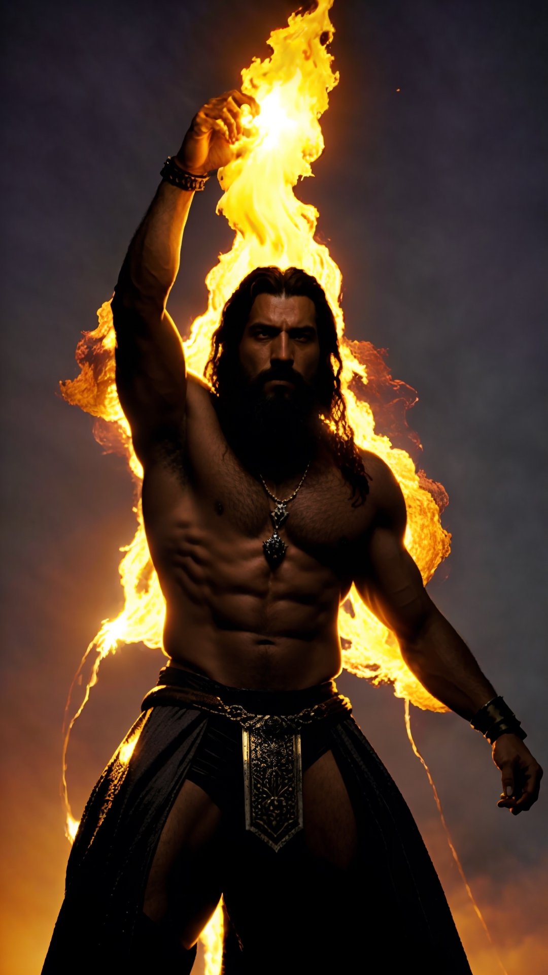 (((masterpiece, best quality, ultra-detailed, photorealistic))), A Tall Towering Giant warrior with long grey hair and beard burning everything into ashes, glowing white chain spread from his limbs, sinister eyes, fiery background and scorching fire to show his affinity to fire element, dynamic pose, epic and cinematic, visualize titan and other creature around him, dark and sinister, extra details, absurdres, High detailed, holding a void dark orb in hand showcasing a never ending darkness, god rays, flame particles scattered wildly in the air,weapon