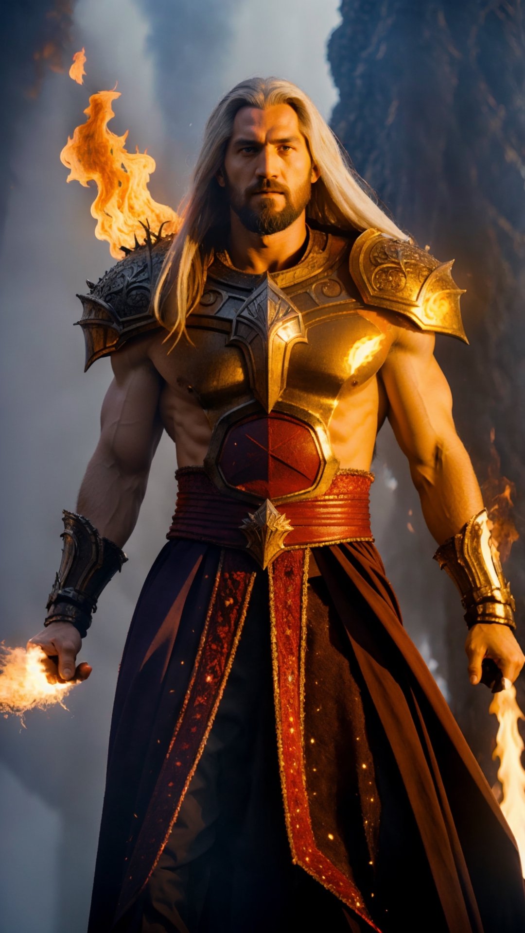 (((masterpiece, best quality, ultra-detailed, photorealistic))), A Tall Towering Giant warrior with long grey hair and beard burning everything into ashes, glowing white chain spread from his limbs, sinister eyes, fiery background and scorching fire to show his affinity to fire element, dynamic pose, epic and cinematic, visualize titan and other creature around him, dark and sinister, extra details, absurdres, High detailed, holding a void dark orb in hand showcasing a never ending darkness, god rays, flame particles scattered wildly in the air,weapon