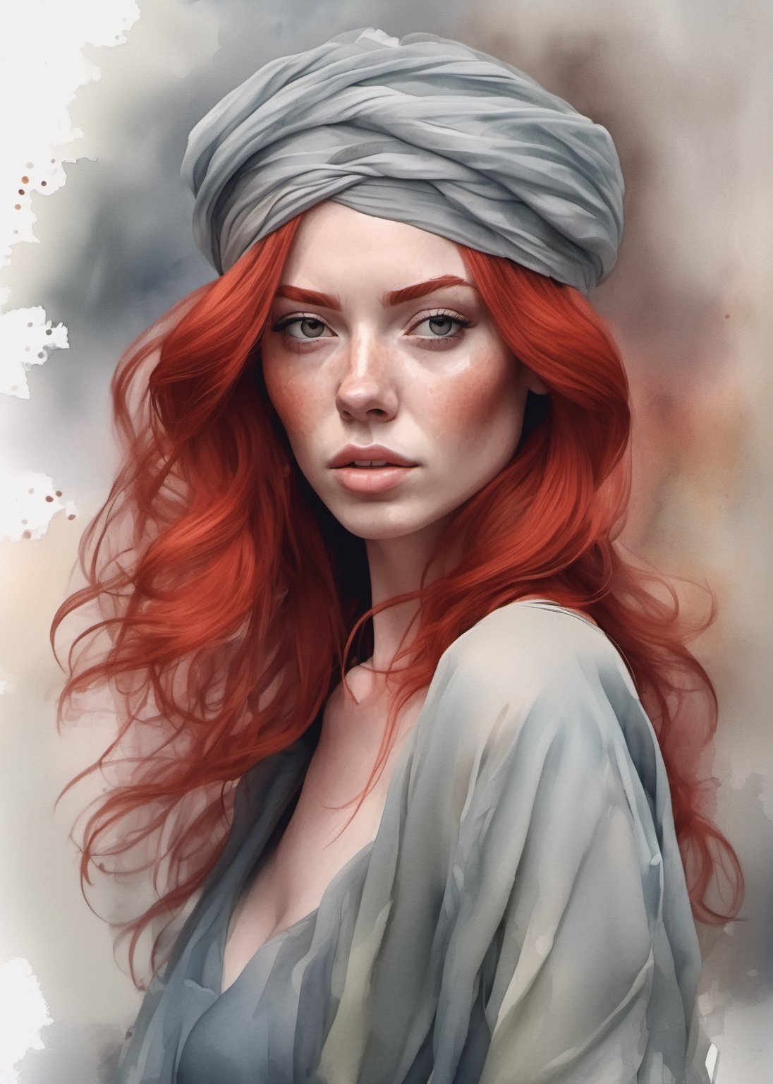 beautiful girl with a storm of red hair in a tulle turban around her head, subtle colors. Watercolor, artstation trends, sharp focus, studio photo, intricate details, very detailed, 3D style, DonML1quidG0ldXL