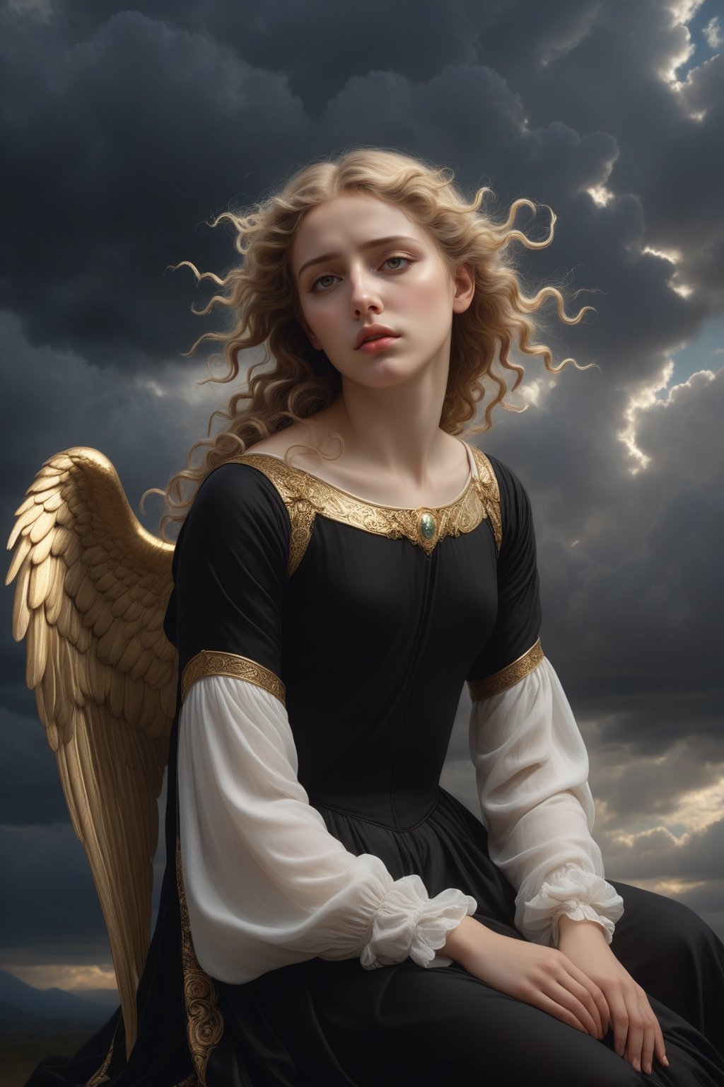 A sad angel with wonderful beauty. Long white and gold curly hair reaching down to the feet. Fallen wings and a sad expression on his face. Painting in the style of Bouguereau and Alma Tadema. Clouds in the background, shallow depth of field. Perfect composition, beautiful, detailed, incredibly detailed octane render trending on artstation, 4k fine art photography, photorealistic concept art, soft natural volumetric cinematic perfect light, chiaroscuro, award-winning photography, masterpiece, oil on canvas, Raphael, Caravaggio, greg rutkowski, beeple , beksiński, giger,detailmaster2,photo r3al,Gric,cyborg style,cyborg