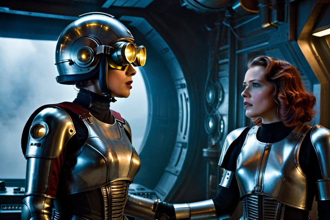 A tense standoff unfolds within the foggy confines of a retro-futuristic spaceship. Fritz Lang's protagonist stands firm, a robot is working, clad in worn leather and goggles, as two women and one man clad in steam-powered armor prepare for battle against an otherworldly foe. A striking female figure, donning a metallic spacesuit and 1910-era hairstyles, a robot assits them, fixes her gaze on the encroaching extraterrestrial threat. Amidst the chaos, she remains steadfast. The dimly lit interior is illuminated only by the eerie glow of the moonlit metropolis visible through the portholes, casting an ominous light on the impending conflict.