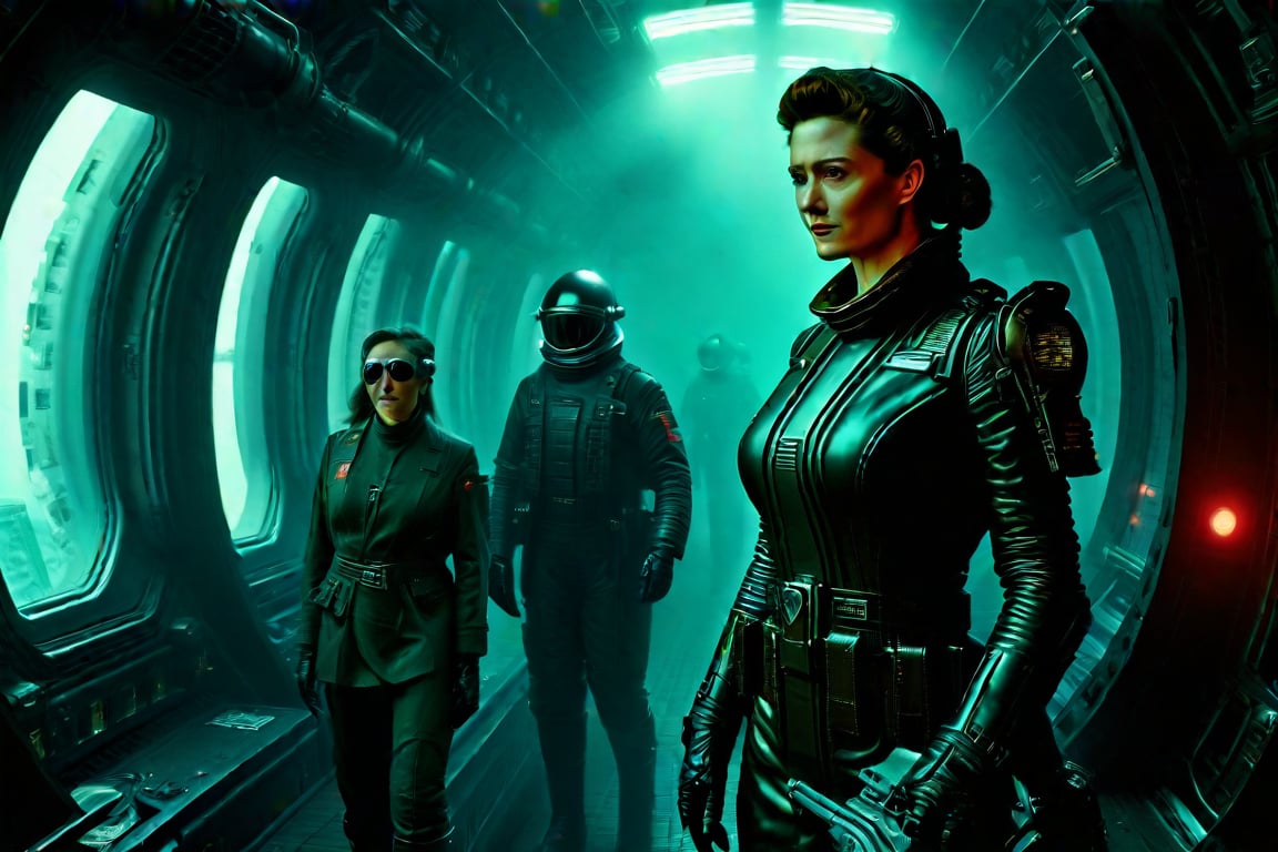 A tense standoff unfolds within the foggy confines of a retro-futuristic spaceship. Fritz Lang's protagonist stands firm, clad in worn leather and goggles, as two women and one man clad in steam-powered armor prepare for battle against an otherworldly foe. A striking female figure, donning a metallic spacesuit and 1910-era hairstyles, fixes her gaze on the encroaching extraterrestrial threat. Amidst the chaos, she remains steadfast. The dimly lit interior is illuminated only by the eerie glow of the moonlit metropolis visible through the portholes, casting an ominous light on the impending conflict.