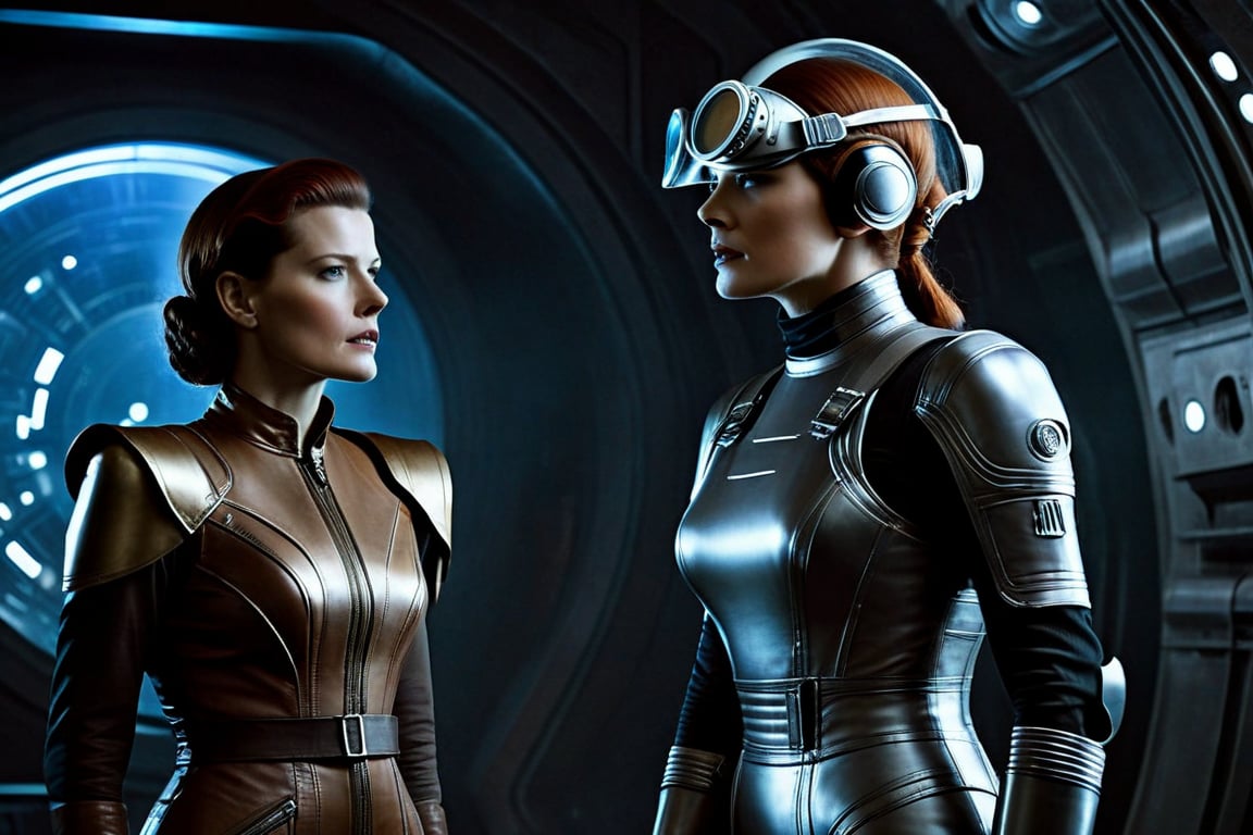 A tense standoff unfolds within the foggy confines of a retro-futuristic spaceship. Fritz Lang's protagonist stands firm, clad in worn leather and goggles, as two women and one man clad in steam-powered armor prepare for battle against an otherworldly foe. A striking female figure, donning a metallic spacesuit and 1910-era hairstyles, a robot assits them, fixes her gaze on the encroaching extraterrestrial threat. Amidst the chaos, she remains steadfast. The dimly lit interior is illuminated only by the eerie glow of the moonlit metropolis visible through the portholes, casting an ominous light on the impending conflict.