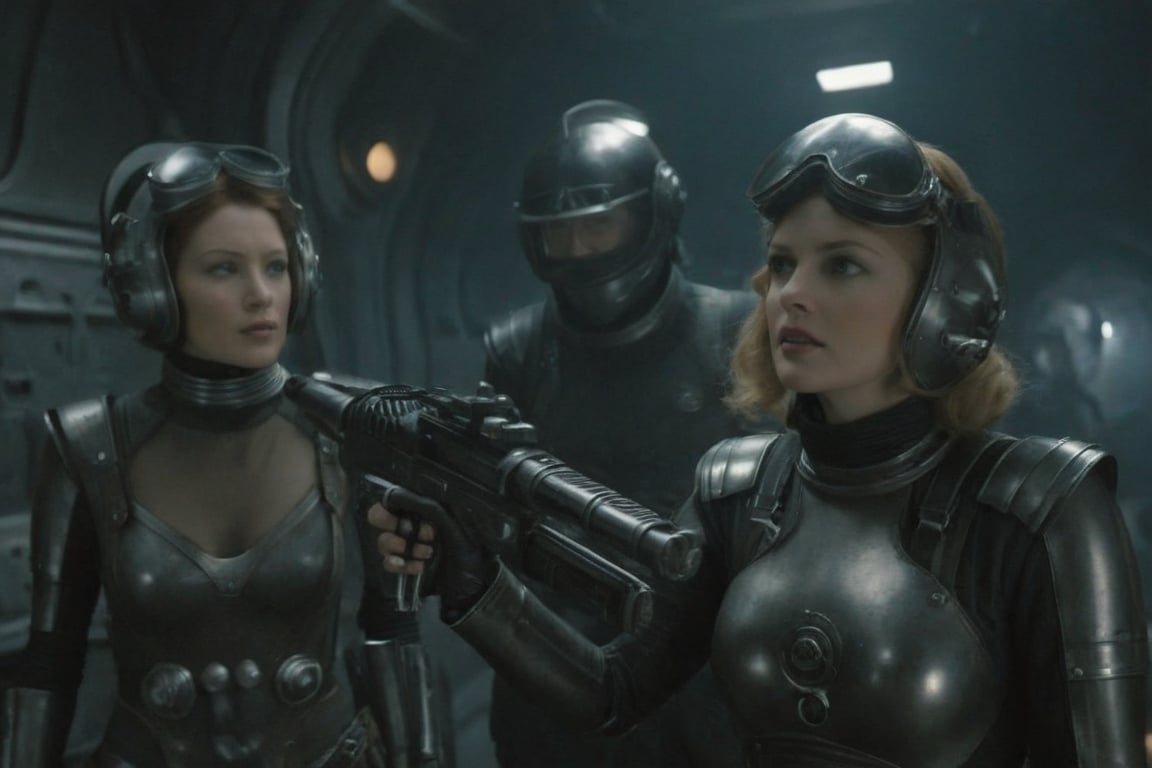 A tense standoff unfolds within the foggy confines of a retro-futuristic spaceship. Fritz Lang's protagonist stands firm, clad in worn leather and goggles, as two women and one man clad in steam-powered armor prepare for battle against an otherworldly foe. A striking female figure, donning a metallic spacesuit and 1910-era hairstyles, fixes her gaze on the encroaching extraterrestrial threat. Amidst the chaos, she remains steadfast. The dimly lit interior is illuminated only by the eerie glow of the moonlit metropolis visible through the portholes, casting an ominous light on the impending conflict., laser gun, M16 Rifle series