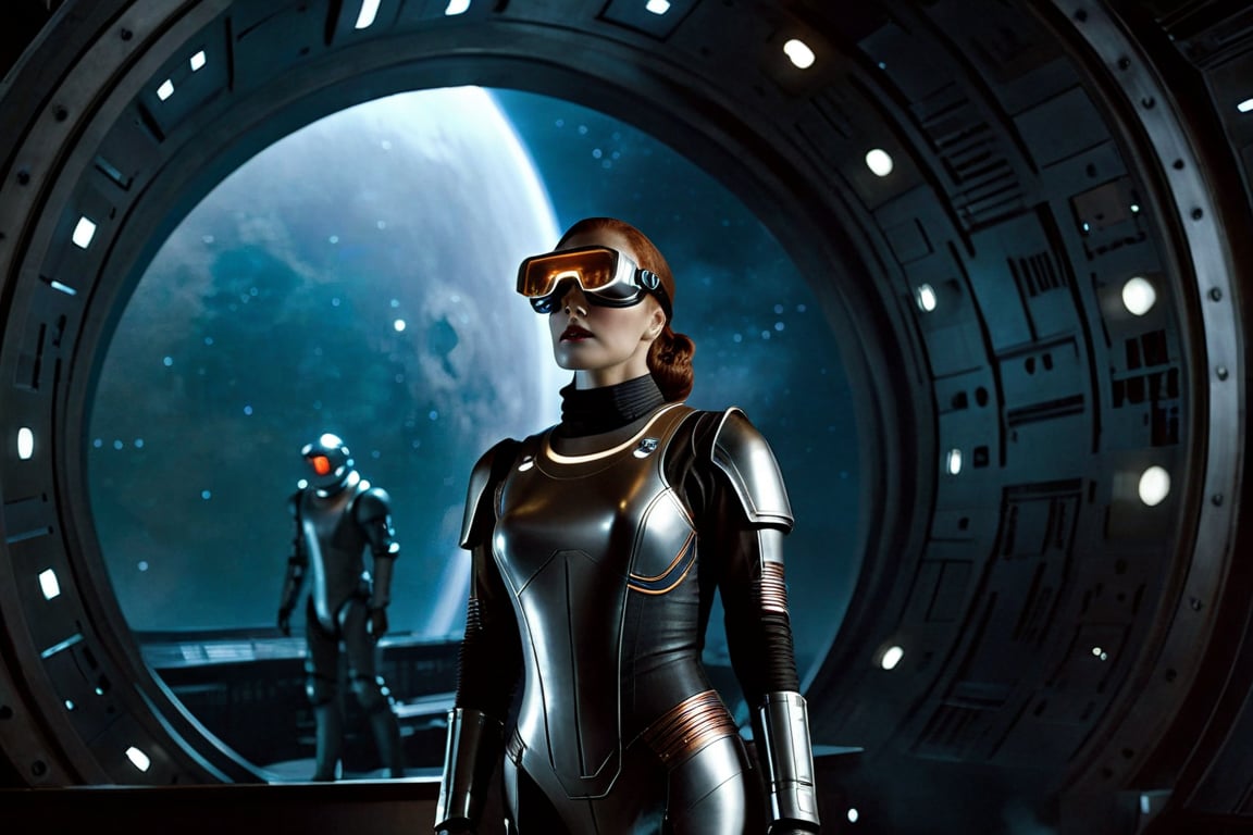 A tense standoff unfolds within the foggy confines of a retro-futuristic spaceship. Fritz Lang's protagonist stands firm, a robot is working, clad in worn leather and goggles, as two women and one man clad in steam-powered armor prepare for battle against an otherworldly foe. A striking female figure, donning a metallic spacesuit and 1910-era hairstyles, a robot assits them, fixes her gaze on the encroaching extraterrestrial threat. Amidst the chaos, she remains steadfast. The dimly lit interior is illuminated only by the eerie glow of the moonlit metropolis visible through the portholes, casting an ominous light on the impending conflict.