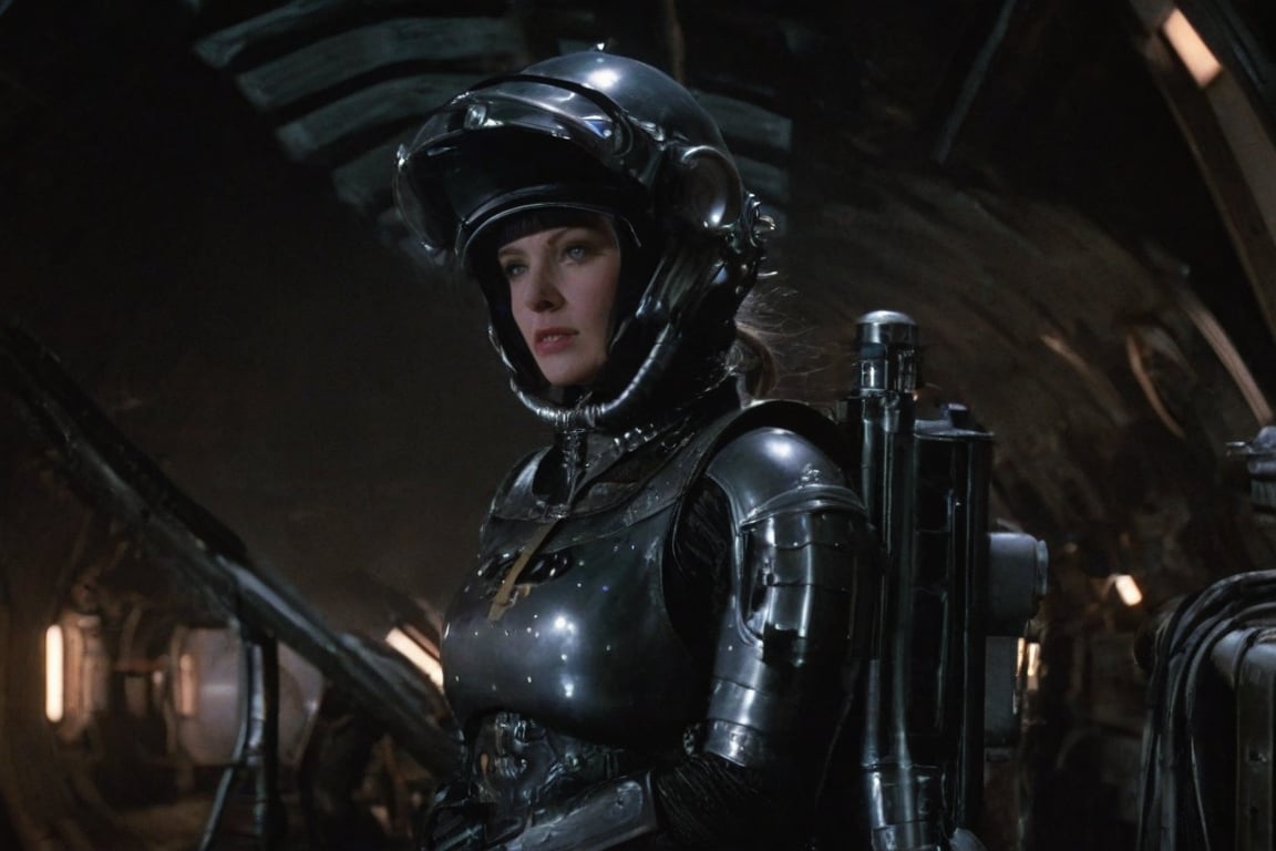 A tense standoff unfolds within the foggy confines of a retro-futuristic spaceship. Fritz Lang's protagonist stands firm, clad in worn leather and goggles, as two women and one man clad in steam-powered armor prepare for battle against an otherworldly foe. A striking female figure, donning a metallic spacesuit and 1910-era hairstyles, fixes her gaze on the encroaching extraterrestrial threat. Amidst the chaos, she remains steadfast. The dimly lit interior is illuminated only by the eerie glow of the moonlit metropolis visible through the portholes, casting an ominous light on the impending conflict.