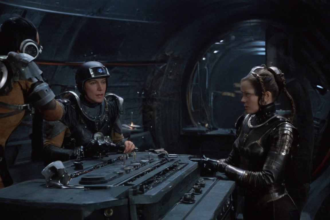 A tense standoff unfolds within the foggy confines of a retro-futuristic spaceship. Fritz Lang's protagonist stands firm, clad in worn leather and goggles, as two women and one man clad in steam-powered armor prepare for battle against an otherworldly foe. A striking female figure, donning a metallic spacesuit and 1910-era hairstyles, fixes her gaze on the encroaching extraterrestrial threat. Amidst the chaos, she remains steadfast. The dimly lit interior is illuminated only by the eerie glow of the moonlit metropolis visible through the portholes, casting an ominous light on the impending conflict.