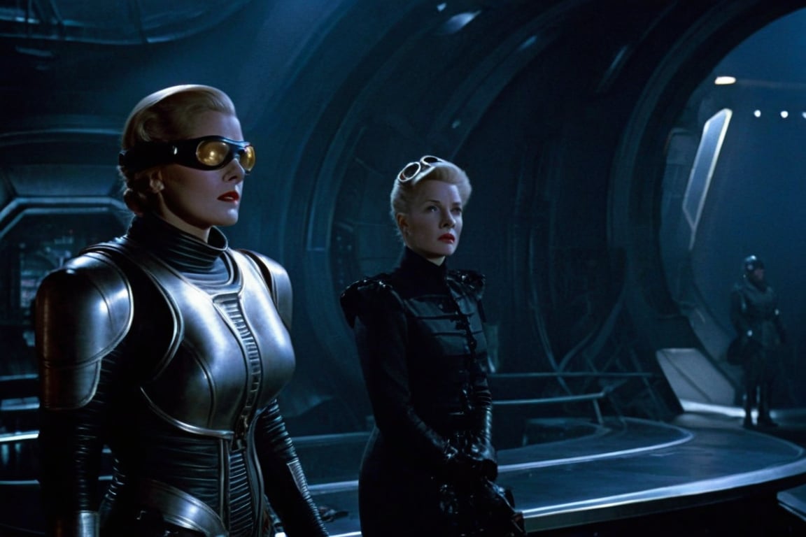 A tense standoff unfolds within the foggy confines of a retro-futuristic spaceship. Fritz Lang's protagonist stands firm, clad in worn leather and goggles, as two women and one man clad in steam-powered armor prepare for battle against an otherworldly foe. A striking female figure, donning a metallic spacesuit and 1910-era hairstyles, fixes her gaze on the encroaching extraterrestrial threat. Amidst the chaos, she remains steadfast. The dimly lit interior is illuminated only by the eerie glow of the moonlit metropolis visible through the portholes, casting an ominous light on the impending conflict.