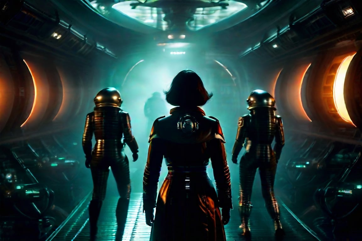 A tense standoff unfolds within the foggy confines of a retro-futuristic spaceship. Fritz Lang's protagonist stands firm, clad in worn leather and goggles, as two women and one man clad in steam-powered armor prepare for battle against an otherworldly foe. A striking female figure, donning a metallic spacesuit and 1910-era hairstyles, a robot assits them, fixes her gaze on the encroaching extraterrestrial threat. Amidst the chaos, she remains steadfast. The dimly lit interior is illuminated only by the eerie glow of the moonlit metropolis visible through the portholes, casting an ominous light on the impending conflict.