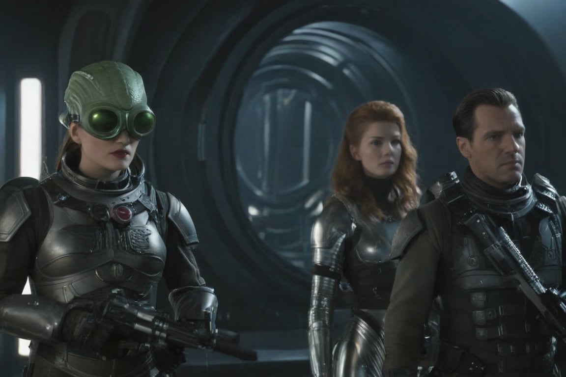 A tense standoff unfolds within the foggy confines of a retro-futuristic spaceship. Fritz Lang's protagonist stands firm, clad in worn leather and goggles,(( a reptile humanoid alien)) as two women and one man clad in steam-powered armor prepare for battle against an otherworldly foe. A striking female figure, donning a metallic spacesuit and 1910-era hairstyles, fixes her gaze on the encroaching extraterrestrial threat. Amidst the chaos, she remains steadfast. The dimly lit interior is illuminated only by the eerie glow of the moonlit metropolis visible through the portholes, casting an ominous light on the impending conflict., laser gun, M16 Rifle series,FN SCAR-HL