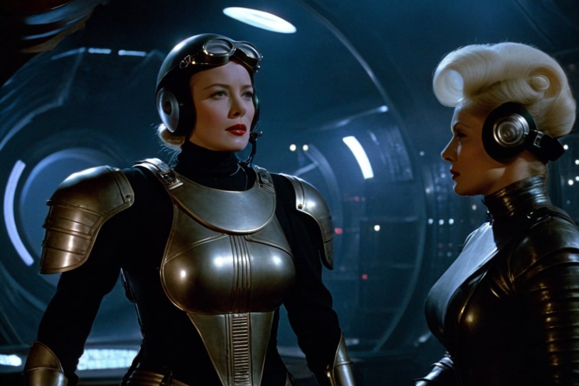 A tense standoff unfolds within the foggy confines of a retro-futuristic spaceship. Fritz Lang's protagonist stands firm, clad in worn leather and goggles, as two women and one man clad in steam-powered armor prepare for battle against an otherworldly foe. A striking female figure, donning a metallic spacesuit and 1910-era hairstyles, a robot assits them, fixes her gaze on the encroaching extraterrestrial threat. Amidst the chaos, she remains steadfast. The dimly lit interior is illuminated only by the eerie glow of the moonlit metropolis visible through the portholes, casting an ominous light on the impending conflict.