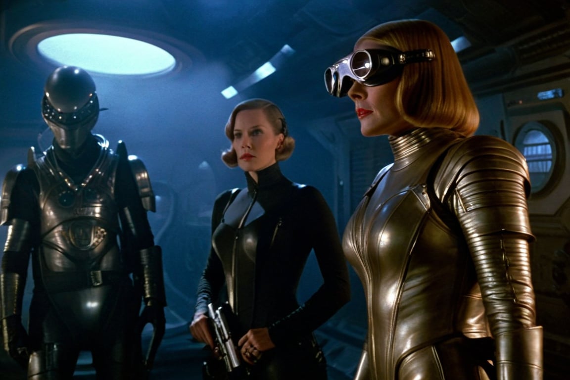 A tense standoff unfolds within the foggy confines of a retro-futuristic spaceship. Fritz Lang's protagonist stands firm, clad in worn leather and goggles,(( a reptile humanoid alien)) as two women and one man clad in steam-powered armor prepare for battle against an otherworldly foe. A striking female figure, donning a metallic spacesuit and 1910-era hairstyles, fixes her gaze on the encroaching extraterrestrial threat. Amidst the chaos, she remains steadfast. The dimly lit interior is illuminated only by the eerie glow of the moonlit metropolis visible through the portholes, casting an ominous light on the impending conflict., laser gun, M16 Rifle series,FN SCAR-HL