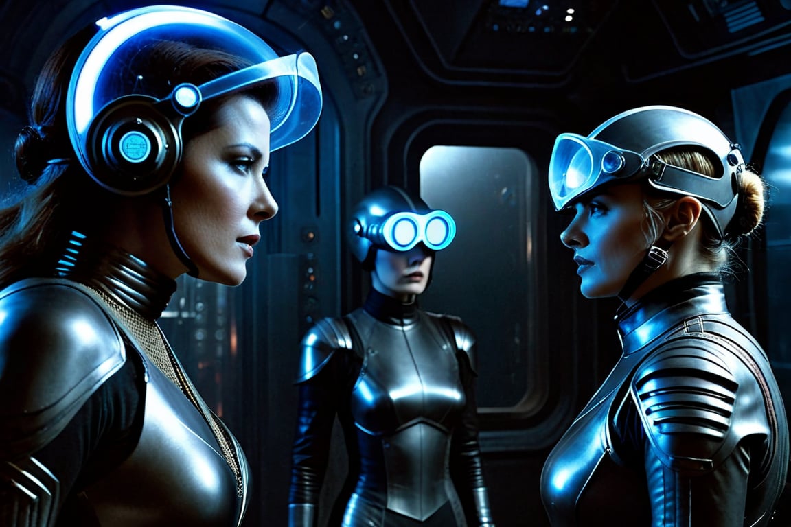 A tense standoff unfolds within the foggy confines of a retro-futuristic spaceship. Fritz Lang's protagonist stands firm, clad in worn leather and goggles, as two women and one man clad in steam-powered armor prepare for battle against an otherworldly foe. A striking female figure, donning a metallic spacesuit and 1910-era hairstyles, a robot assits them, fixes her gaze on the encroaching extraterrestrial threat. Amidst the chaos, she remains steadfast. The dimly lit interior is illuminated only by the eerie glow of the moonlit metropolis visible through the portholes, casting an ominous light on the impending conflict.