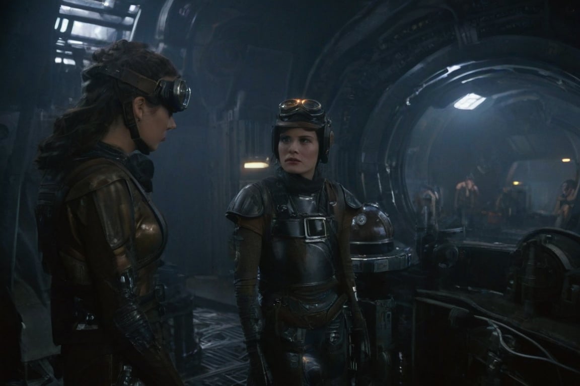 A tense standoff unfolds within the foggy confines of a retro-futuristic spaceship. Fritz Lang's protagonist stands firm, clad in worn leather and goggles, as two women and one man clad in steam-powered armor prepare for battle against an otherworldly foe. A striking female figure, donning a metallic spacesuit and 1910-era hairstyles, fixes her gaze on the encroaching extraterrestrial threat. Amidst the chaos, she remains steadfast. The dimly lit interior is illuminated only by the eerie glow of the moonlit metropolis visible through the portholes, casting an ominous light on the impending conflict.