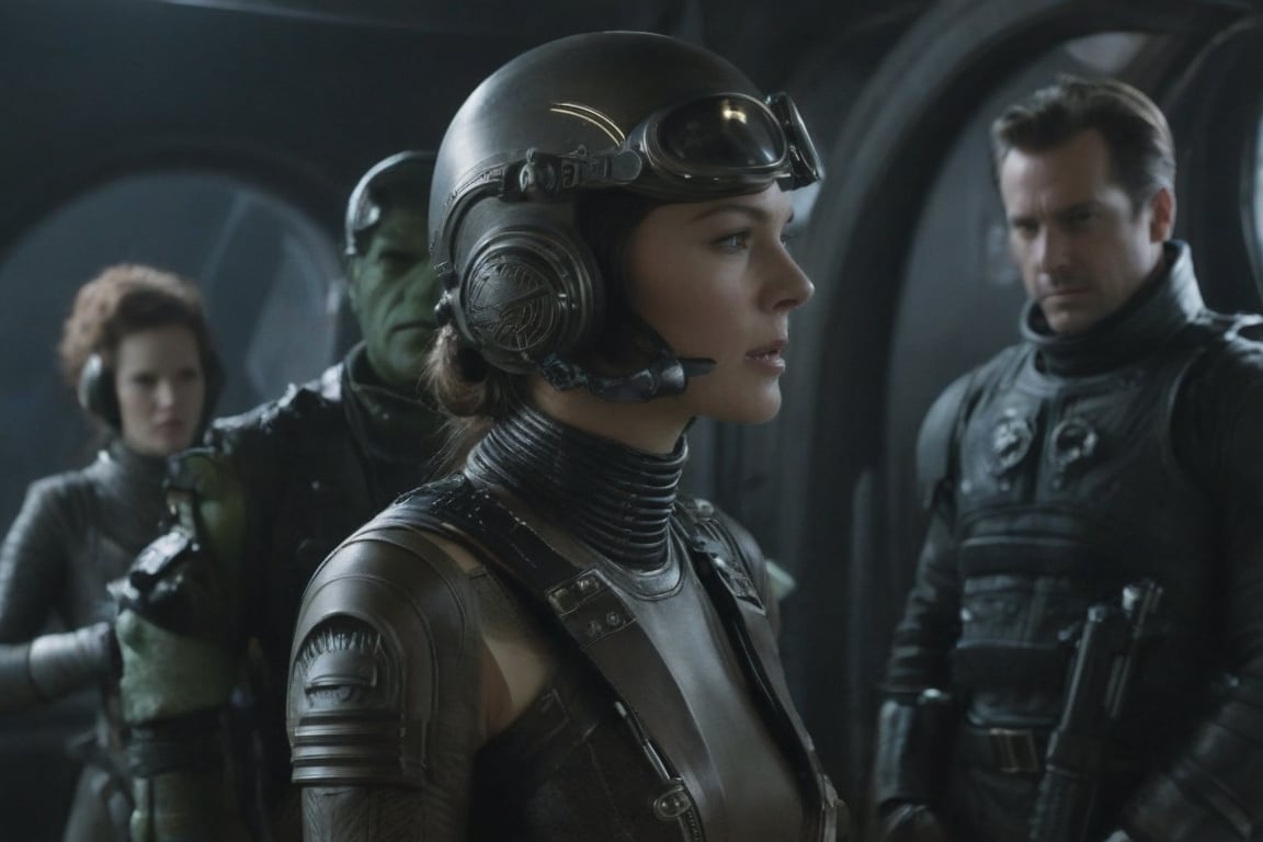 A tense standoff unfolds within the foggy confines of a retro-futuristic spaceship. Fritz Lang's protagonist stands firm, clad in worn leather and goggles,(( a reptile humanoid alien)) as two women and one man clad in steam-powered armor prepare for battle against an otherworldly foe. A striking female figure, donning a metallic spacesuit and 1910-era hairstyles, fixes her gaze on the encroaching extraterrestrial threat. Amidst the chaos, she remains steadfast. The dimly lit interior is illuminated only by the eerie glow of the moonlit metropolis visible through the portholes, casting an ominous light on the impending conflict., laser gun, M16 Rifle series,FN SCAR-HL