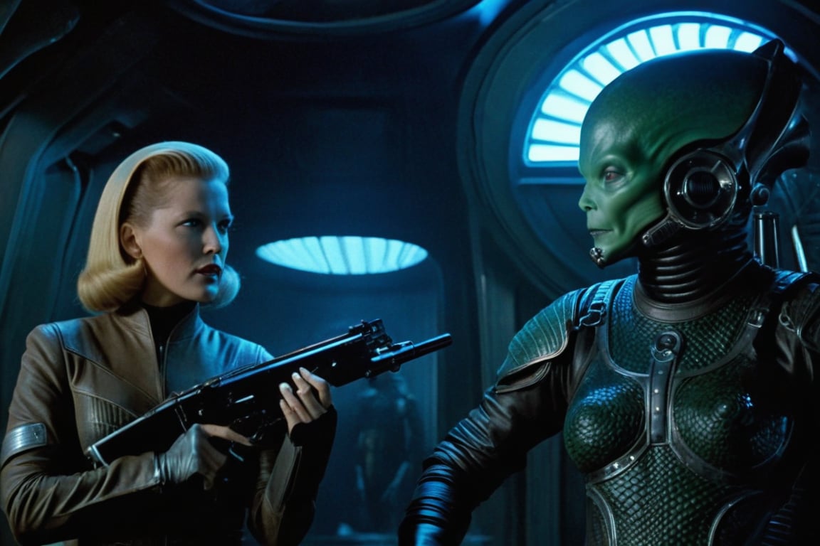 A tense standoff unfolds within the foggy confines of a retro-futuristic spaceship. Fritz Lang's protagonist stands firm, clad in worn leather and goggles,(( a reptile humanoid alien)) as two women and one man clad in steam-powered armor prepare for battle against an otherworldly foe. A striking female figure, donning a metallic spacesuit and 1910-era hairstyles, fixes her gaze on the encroaching extraterrestrial threat. Amidst the chaos, she remains steadfast. The dimly lit interior is illuminated only by the eerie glow of the moonlit metropolis visible through the portholes, casting an ominous light on the impending conflict., laser gun, M16 Rifle series,FN SCAR-HL