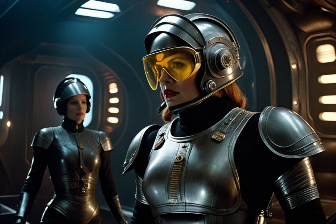 A tense standoff unfolds within the foggy confines of a retro-futuristic spaceship. Fritz Lang's protagonist stands firm, clad in worn leather and goggles, as two women and one man clad in steam-powered armor prepare for battle against an otherworldly foe. A striking female figure, donning a metallic spacesuit and 1910-era hairstyles, a robot assits them, fixes her gaze on the encroaching extraterrestrial threat. Amidst the chaos, she remains steadfast. The dimly lit interior is illuminated only by the eerie glow of the moonlit metropolis visible through the portholes, casting an ominous light on the impending conflict.