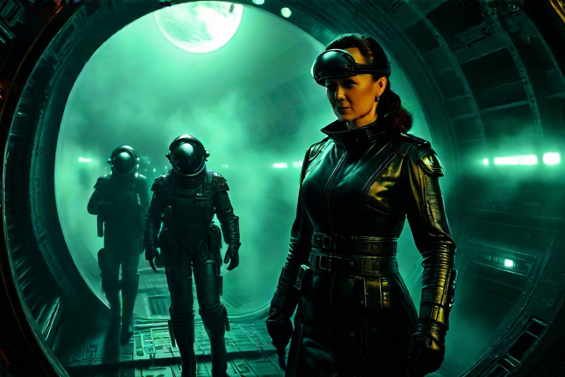 A tense standoff unfolds within the foggy confines of a retro-futuristic spaceship. Fritz Lang's protagonist stands firm, clad in worn leather and goggles, as two women and one man clad in steam-powered armor prepare for battle against an otherworldly foe. A striking female figure, donning a metallic spacesuit and 1910-era hairstyles, fixes her gaze on the encroaching extraterrestrial threat. Amidst the chaos, she remains steadfast. The dimly lit interior is illuminated only by the eerie glow of the moonlit metropolis visible through the portholes, casting an ominous light on the impending conflict.