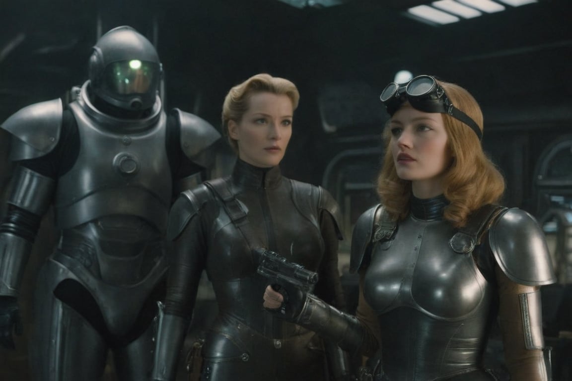 A tense standoff unfolds within the foggy confines of a retro-futuristic spaceship. Fritz Lang's protagonist stands firm, clad in worn leather and goggles, as two women and one man clad in steam-powered armor prepare for battle against an otherworldly foe. A striking female figure, donning a metallic spacesuit and 1910-era hairstyles, fixes her gaze on the encroaching extraterrestrial threat. Amidst the chaos, she remains steadfast. The dimly lit interior is illuminated only by the eerie glow of the moonlit metropolis visible through the portholes, casting an ominous light on the impending conflict., laser gun, M16 Rifle series