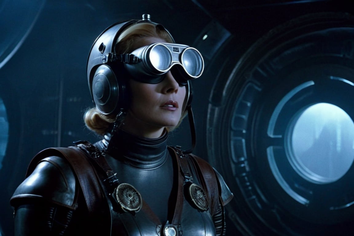 A tense standoff unfolds within the foggy confines of a retro-futuristic spaceship. Fritz Lang's protagonist stands firm, clad in worn leather and goggles, as two women and one man clad in steam-powered armor prepare for battle against an otherworldly foe. A striking female figure, donning a metallic spacesuit and 1910-era hairstyles, a robot assits them, fixes her gaze on the encroaching extraterrestrial threat. Amidst the chaos, she remains steadfast. The dimly lit interior is illuminated only by the eerie glow of the moonlit metropolis visible through the portholes, casting an ominous light on the impending conflict.