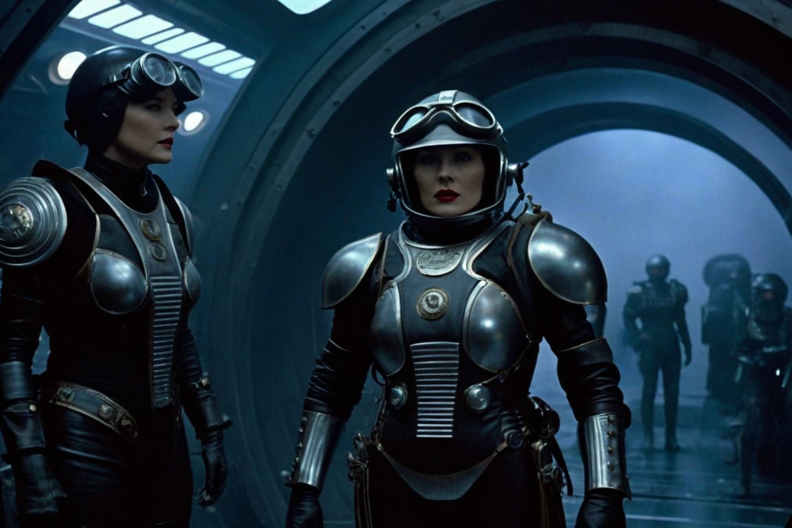 A tense standoff unfolds within the foggy confines of a retro-futuristic spaceship. Fritz Lang's protagonist stands firm, clad in worn leather and goggles, as two women and one man clad in steam-powered armor prepare for battle against an otherworldly foe. A striking female figure, donning a metallic spacesuit and 1910-era hairstyles, fixes her gaze on the encroaching extraterrestrial threat. Amidst the chaos, she remains steadfast. The dimly lit interior is illuminated only by the eerie glow of the moonlit metropolis visible through the portholes, casting an ominous light on the impending conflict.