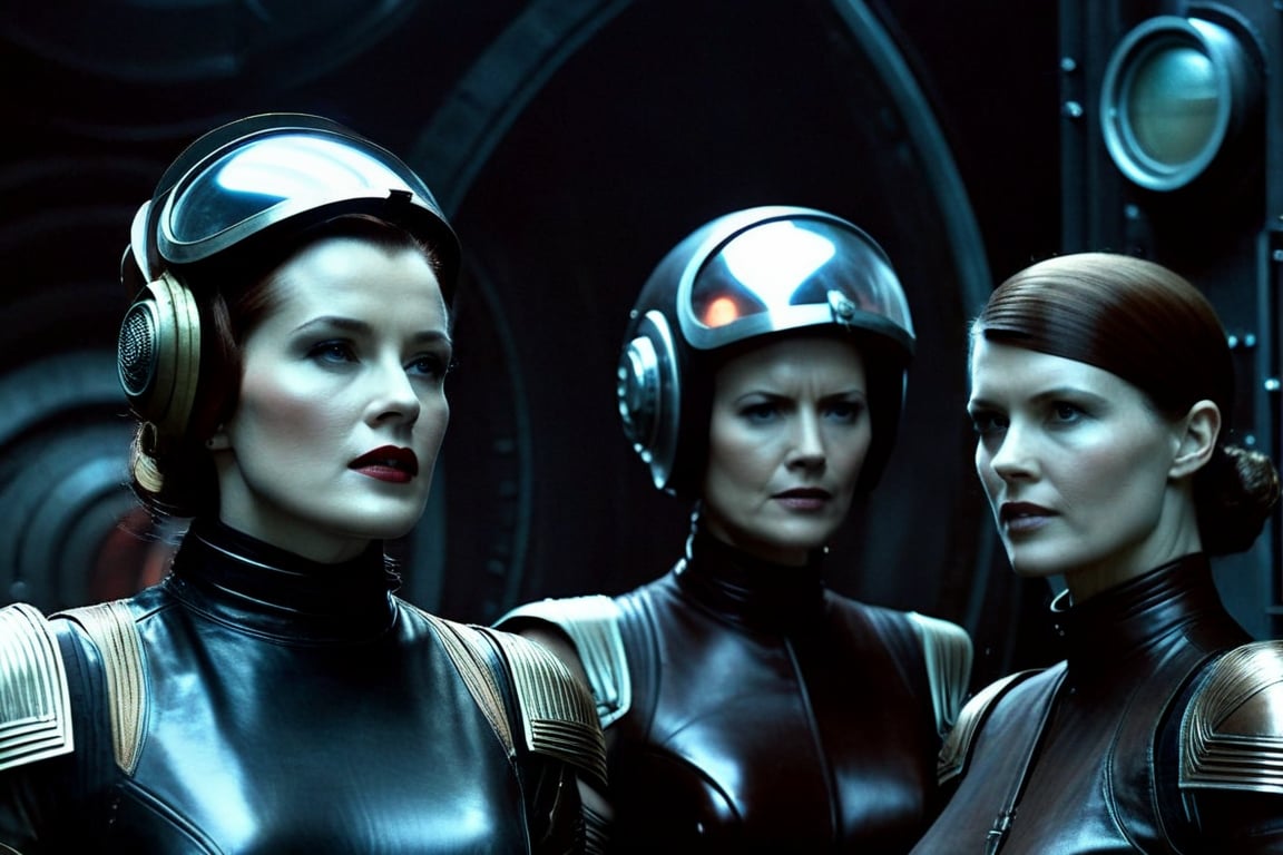 A tense standoff unfolds within the foggy confines of a retro-futuristic spaceship. Fritz Lang's protagonist stands firm, clad in worn leather and goggles, as two women and one man clad in steam-powered armor prepare for battle against an otherworldly foe. A striking female figure, donning a metallic spacesuit and 1910-era hairstyles, a robot assits them, fixes her gaze on the encroaching extraterrestrial threat. Amidst the chaos, she remains steadfast. The dimly lit interior is illuminated only by the eerie glow of the moonlit metropolis visible through the portholes, casting an ominous light on the impending conflict.