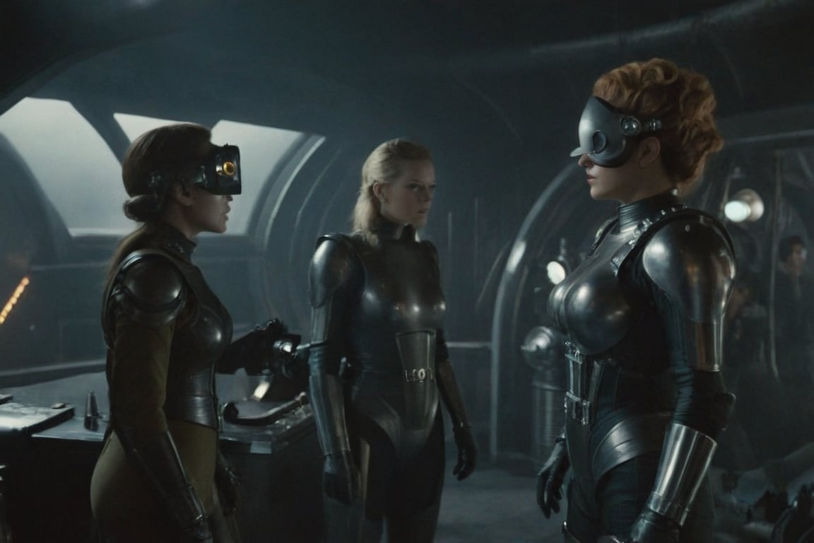 A tense standoff unfolds within the foggy confines of a retro-futuristic spaceship. Fritz Lang's protagonist stands firm, clad in worn leather and goggles, as two women and one man clad in steam-powered armor prepare for battle against an otherworldly foe. A striking female figure, donning a metallic spacesuit and 1910-era hairstyles, fixes her gaze on the encroaching extraterrestrial threat. Amidst the chaos, she remains steadfast. The dimly lit interior is illuminated only by the eerie glow of the moonlit metropolis visible through the portholes, casting an ominous light on the impending conflict., laser gun, M16 Rifle series