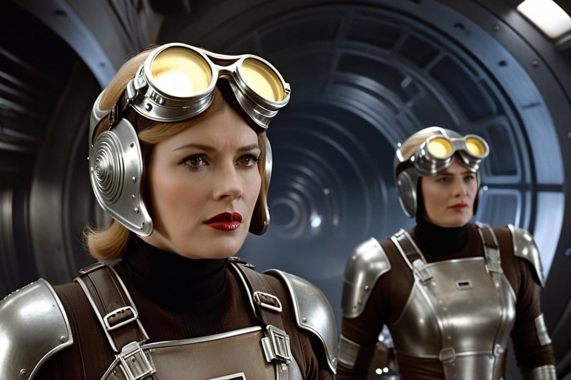 A tense standoff unfolds within the foggy confines of a retro-futuristic spaceship. Fritz Lang's protagonist stands firm, clad in worn leather and goggles, as two women and one man clad in steam-powered armor prepare for battle against an otherworldly foe. A striking female figure, donning a metallic spacesuit and 1910-era hairstyles, fixes her gaze on the encroaching extraterrestrial threat. Amidst the chaos, she remains steadfast. The dimly lit interior is illuminated only by the eerie glow of the moonlit metropolis visible through the portholes, casting an ominous light on the impending conflict.