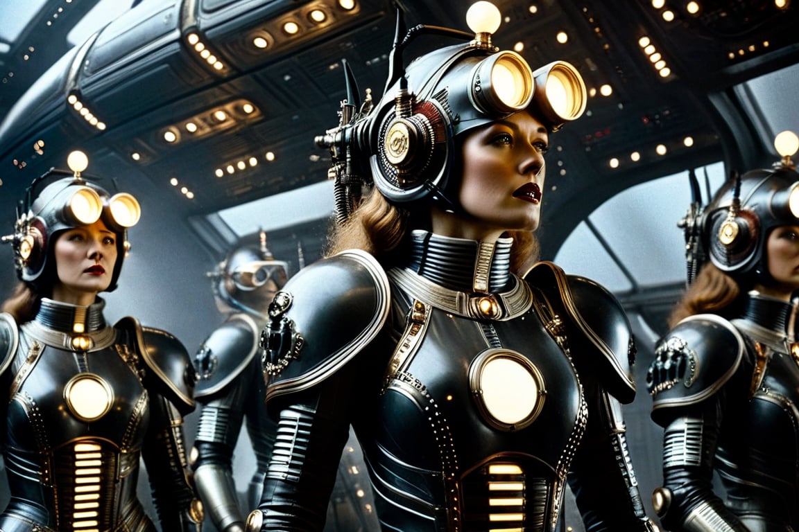 A tense standoff unfolds within the foggy confines of a retro-futuristic spaceship. Fritz Lang's protagonist stands firm, a robot is working, clad in worn leather and goggles, as two women and one man clad in steam-powered armor prepare for battle against an otherworldly foe. A striking female figure, donning a metallic spacesuit and 1910-era hairstyles, a robot assits them, fixes her gaze on the encroaching extraterrestrial threat. Amidst the chaos, she remains steadfast. The dimly lit interior is illuminated only by the eerie glow of the moonlit metropolis visible through the portholes, casting an ominous light on the impending conflict.