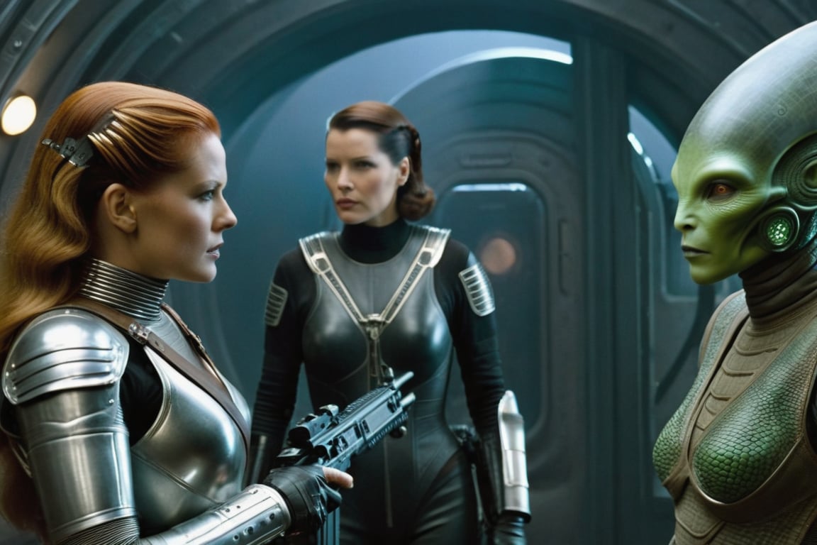 A tense standoff unfolds within the foggy confines of a retro-futuristic spaceship. Fritz Lang's protagonist stands firm, clad in worn leather and goggles,(( a reptile humanoid alien)) as two women and one man clad in steam-powered armor prepare for battle against an otherworldly foe. A striking female figure, donning a metallic spacesuit and 1910-era hairstyles, fixes her gaze on the encroaching extraterrestrial threat. Amidst the chaos, she remains steadfast. The dimly lit interior is illuminated only by the eerie glow of the moonlit metropolis visible through the portholes, casting an ominous light on the impending conflict., laser gun, M16 Rifle series,FN SCAR-HL