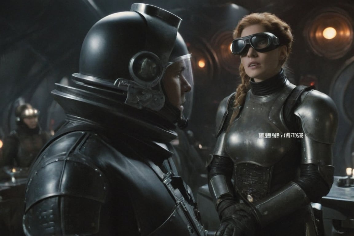 A tense standoff unfolds within the foggy confines of a retro-futuristic spaceship. Fritz Lang's protagonist stands firm, clad in worn leather and goggles, as two women and one man clad in steam-powered armor prepare for battle against an otherworldly foe. A striking female figure, donning a metallic spacesuit and 1910-era hairstyles, fixes her gaze on the encroaching extraterrestrial threat. Amidst the chaos, she remains steadfast. The dimly lit interior is illuminated only by the eerie glow of the moonlit metropolis visible through the portholes, casting an ominous light on the impending conflict., laser gun, M16 Rifle series