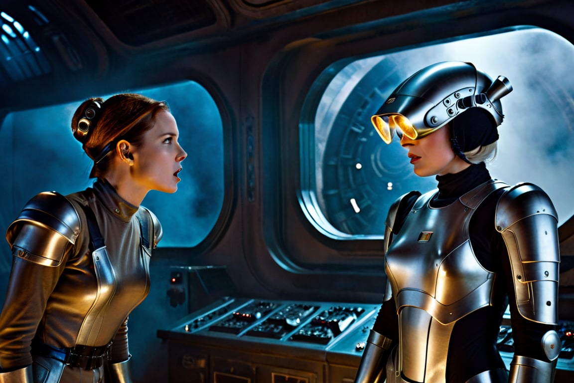 A tense standoff unfolds within the foggy confines of a retro-futuristic spaceship. Fritz Lang's protagonist stands firm, a robot is working, clad in worn leather and goggles, as two women and one man clad in steam-powered armor prepare for battle against an otherworldly foe. A striking female figure, donning a metallic spacesuit and 1910-era hairstyles, a robot assits them, fixes her gaze on the encroaching extraterrestrial threat. Amidst the chaos, she remains steadfast. The dimly lit interior is illuminated only by the eerie glow of the moonlit metropolis visible through the portholes, casting an ominous light on the impending conflict.,screaming,angry,anger