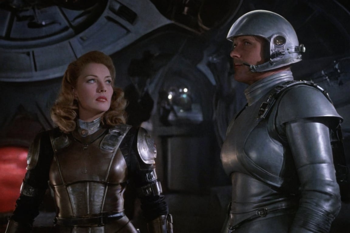 A tense standoff unfolds within the foggy confines of a retro-futuristic spaceship. Fritz Lang's protagonist stands firm, clad in worn leather and goggles, as two women and one man clad in steam-powered armor prepare for battle against an otherworldly foe. A striking female figure, donning a metallic spacesuit and 1910-era hairstyles, fixes her gaze on the encroaching extraterrestrial threat. Amidst the chaos, she remains steadfast. The dimly lit interior is illuminated only by the eerie glow of the moonlit metropolis visible through the portholes, casting an ominous light on the impending conflict.