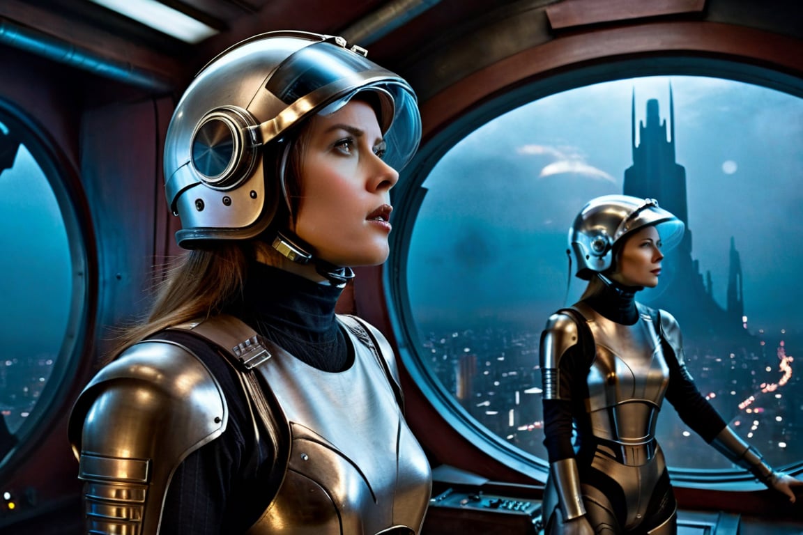 A tense standoff unfolds within the foggy confines of a retro-futuristic spaceship. Fritz Lang's protagonist stands firm, a robot is working, clad in worn leather and goggles, as two women and one man clad in steam-powered armor prepare for battle against an otherworldly foe. A striking female figure, donning a metallic spacesuit and 1910-era hairstyles, a robot assits them, fixes her gaze on the encroaching extraterrestrial threat. Amidst the chaos, she remains steadfast. The dimly lit interior is illuminated only by the eerie glow of the moonlit metropolis visible through the portholes, casting an ominous light on the impending conflict.