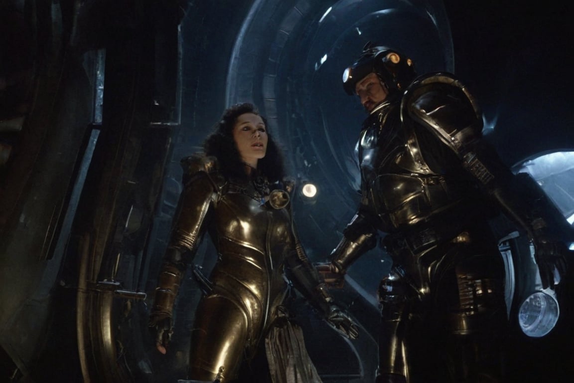 A tense standoff unfolds within the foggy confines of a retro-futuristic spaceship. Fritz Lang's protagonist stands firm, clad in worn leather and goggles, as two women and one man clad in steam-powered armor prepare for battle against an otherworldly foe. A striking female figure, donning a metallic spacesuit and 1910-era hairstyles, fixes her gaze on the encroaching extraterrestrial threat. Amidst the chaos, she remains steadfast. The dimly lit interior is illuminated only by the eerie glow of the moonlit metropolis visible through the portholes, casting an ominous light on the impending conflict.