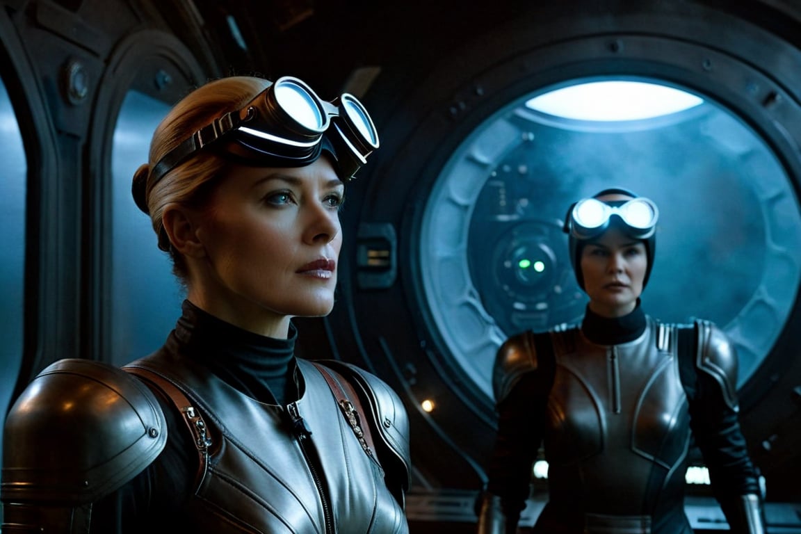 A tense standoff unfolds within the foggy confines of a retro-futuristic spaceship. Fritz Lang's protagonist stands firm, clad in worn leather and goggles, as two women and one man clad in steam-powered armor prepare for battle against an otherworldly foe. A striking female figure, donning a metallic spacesuit and 1910-era hairstyles, a robot assits them, fixes her gaze on the encroaching extraterrestrial threat. Amidst the chaos, she remains steadfast. The dimly lit interior is illuminated only by the eerie glow of the moonlit metropolis visible through the portholes, casting an ominous light on the impending conflict.