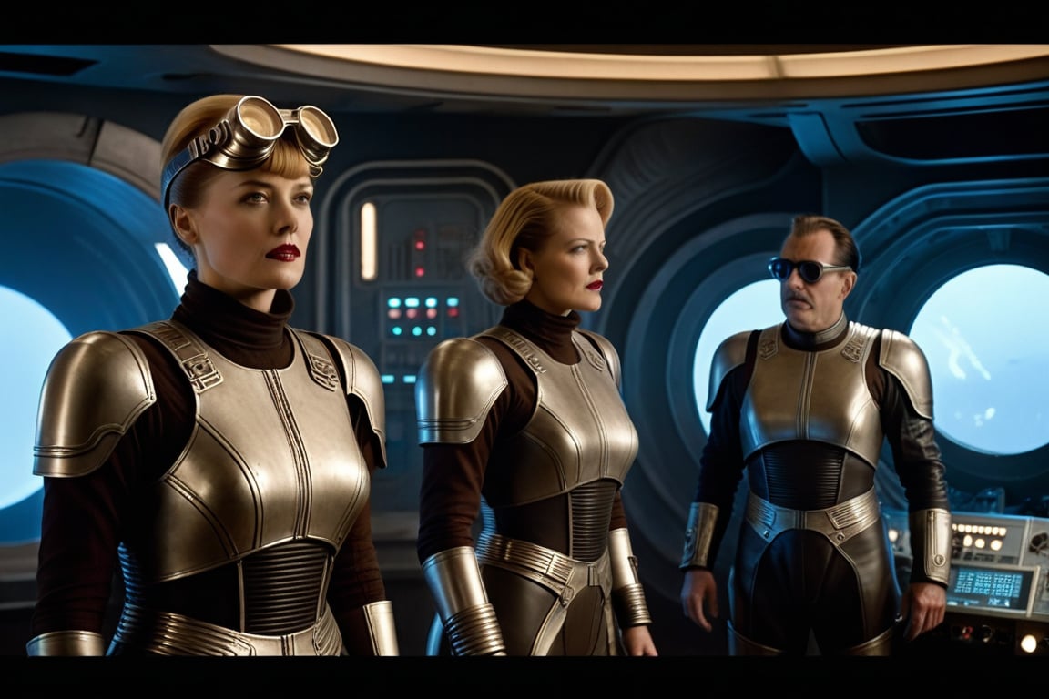 A tense standoff unfolds within the foggy confines of a retro-futuristic spaceship. Fritz Lang's protagonist stands firm, clad in worn leather and goggles, as two women and one man clad in steam-powered armor prepare for battle against an otherworldly foe. A striking female figure, donning a metallic spacesuit and 1910-era hairstyles, fixes her gaze on the encroaching extraterrestrial threat. Amidst the chaos, she remains steadfast. The dimly lit interior is illuminated only by the eerie glow of the moonlit metropolis visible through the portholes, casting an ominous light on the impending conflict.