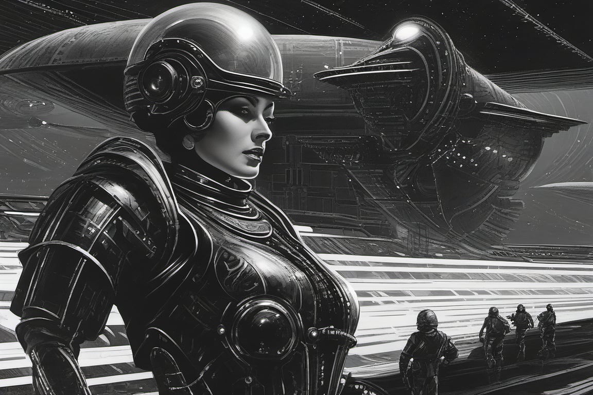 A tense standoff unfolds within the foggy confines of a retro-futuristic spaceship. Fritz Lang's protagonist stands firm, clad in worn leather and goggles, as two women and one man clad in steam-powered armor prepare for battle against an otherworldly foe. A striking female figure, donning a metallic spacesuit and 1910-era hairstyles, fixes her gaze on the encroaching extraterrestrial threat. Amidst the chaos, she remains steadfast. The dimly lit interior is illuminated only by the eerie glow of the moonlit metropolis visible through the portholes, casting an ominous light on the impending conflict.