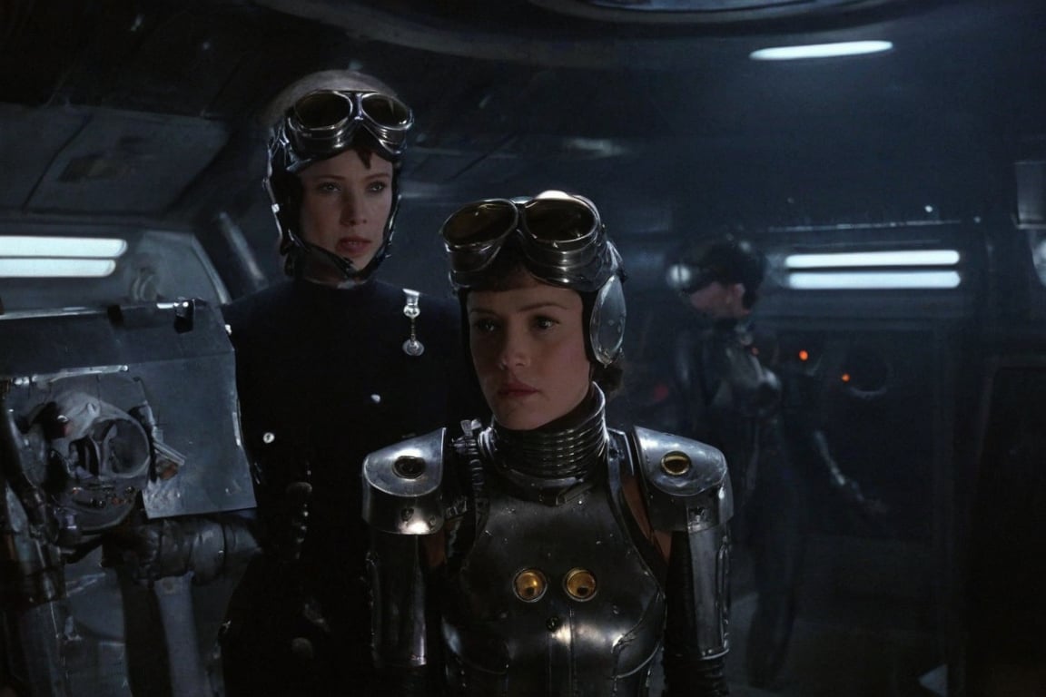 A tense standoff unfolds within the foggy confines of a retro-futuristic spaceship. Fritz Lang's protagonist stands firm, clad in worn leather and goggles, as two women and one man clad in steam-powered armor prepare for battle against an otherworldly foe. A striking female figure, donning a metallic spacesuit and 1910-era hairstyles, fixes her gaze on the encroaching extraterrestrial threat. Amidst the chaos, she remains steadfast. The dimly lit interior is illuminated only by the eerie glow of the moonlit metropolis visible through the portholes, casting an ominous light on the impending conflict.