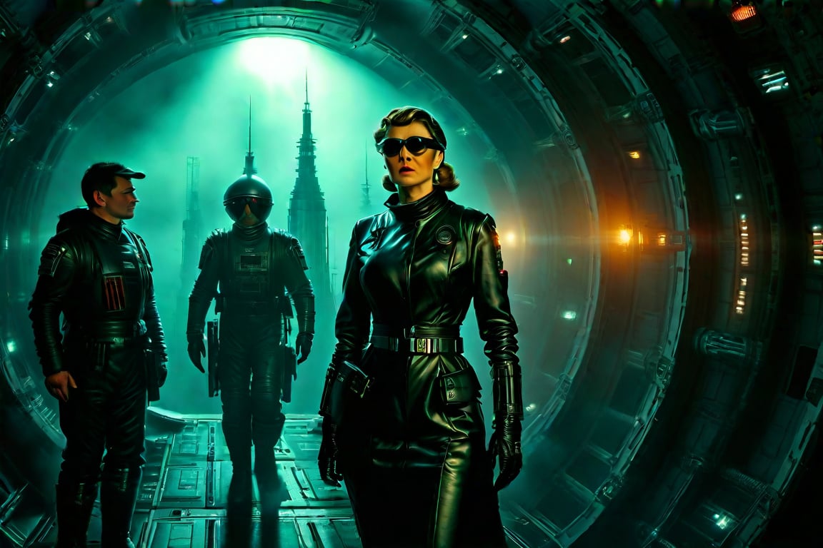 A tense standoff unfolds within the foggy confines of a retro-futuristic spaceship. Fritz Lang's protagonist stands firm, clad in worn leather and goggles, as two women and one man clad in steam-powered armor prepare for battle against an otherworldly foe. A striking female figure, donning a metallic spacesuit and 1910-era hairstyles, fixes her gaze on the encroaching extraterrestrial threat. Amidst the chaos, she remains steadfast. The dimly lit interior is illuminated only by the eerie glow of the moonlit metropolis visible through the portholes, casting an ominous light on the impending conflict.