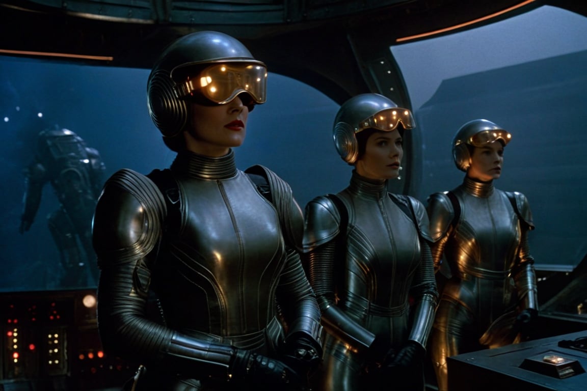 A tense standoff unfolds within the foggy confines of a retro-futuristic spaceship. Fritz Lang's protagonist stands firm, clad in worn leather and goggles, as two women and one man clad in steam-powered armor prepare for battle against an otherworldly foe. A striking female figure, donning a metallic spacesuit and 1910-era hairstyles, a robot assits them, fixes her gaze on the encroaching extraterrestrial threat. Amidst the chaos, she remains steadfast. The dimly lit interior is illuminated only by the eerie glow of the moonlit metropolis visible through the portholes, casting an ominous light on the impending conflict.