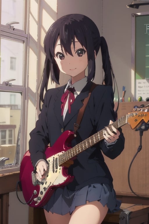 masterpiece, best quality, high_res, solo, skirt,, school_uniforms, hair between eyes, long sleeves, stage, holding instrument, guitar, small chest, happy, smile, , school room 