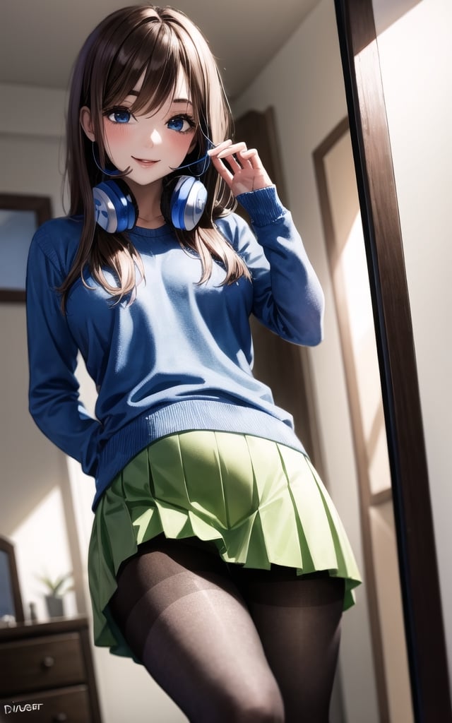 high_resolution, masterpiece, 1girl, brown hair, female_solo, medium breast, solo, smile, rubbor, blue eyes, girly_hair, long hair, bedroom, cute, innocent, green skirt, blue sweater, long sleeve, earphones, pantyhose, black pantyhose, mirror, morning, looking at mirror , posing 