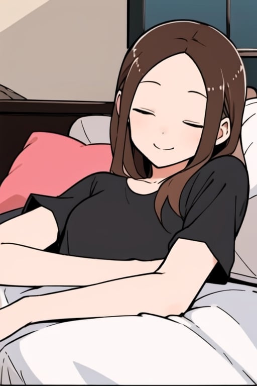 masterpiece, 1girl, brown-hair , forehead, solo, smile, black shirt, bedroom, rubbor, bed, short_sleeves, in bed, sleeping, shiny_hair, next to viewer, white pillow, asleep