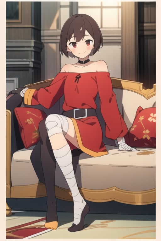 high_resolution, masterpiece, 1girl, brown hair, female_solo, smile, rubbor, short-hair, shiny_hair, red eyes, slim, small breast, large sock, black sock, sock in one leg, no hat, without hat, red top, top, top with golden border, short dress, dress shoulders downs, belt, bandages in leg, bandage in one leg,  house, medieval house, living room, large couch, couch, sitting, posing