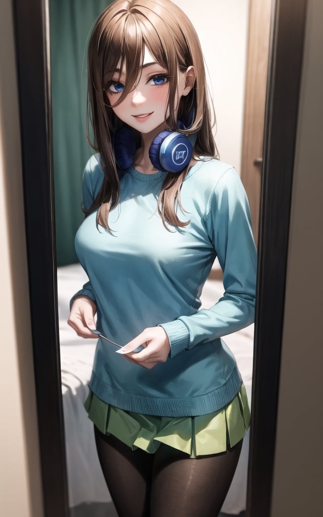 high_resolution, masterpiece, 1girl, brown hair, female_solo, medium breast, solo, smile, rubbor, blue eyes, girly_hair, long hair, bedroom, cute, innocent, green skirt, blue sweater, long sleeve, earphones, pantyhose, black pantyhose, mirror, morning, looking at mirror 