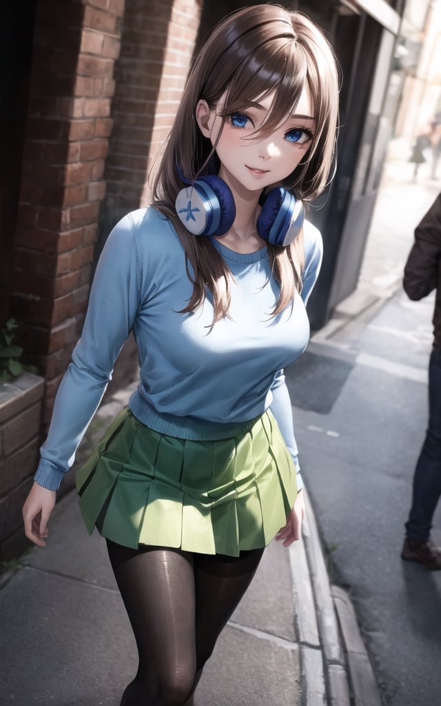 high_resolution, masterpiece, 1girl, brown hair, female_solo, medium breast, solo, smile, rubbor, blue eyes, girly_hair, long hair, cute, innocent, green skirt, blue sweater, long sleeve, earphones, pantyhose, black pantyhose, next to viewer walking, street, sexy, earphones in neck, shiny_hair, shiny pantyhose