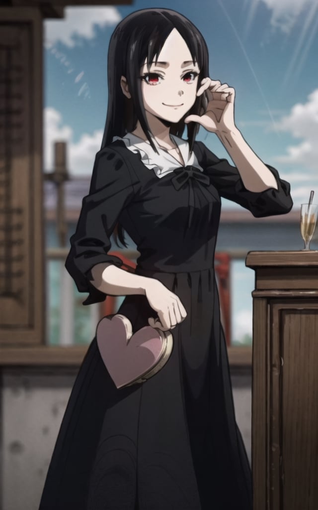 high_resolution, masterpiece, 1girl, black hair, female_solo, hair lock, small breast, solo, smile, closed smile ,rubbor, red eyes, girly_hair, cute, black dress, uniform, dress,, face, Heart hands pose, pose,ff14bg,shinomiya kaguya, epic background,shinomiyakaguya, <3, sky, clouds ,black hair, long hair